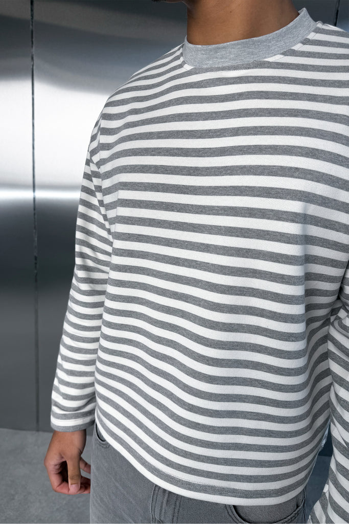 Boxy Striped Long Sleeve T-Shirt - Grey