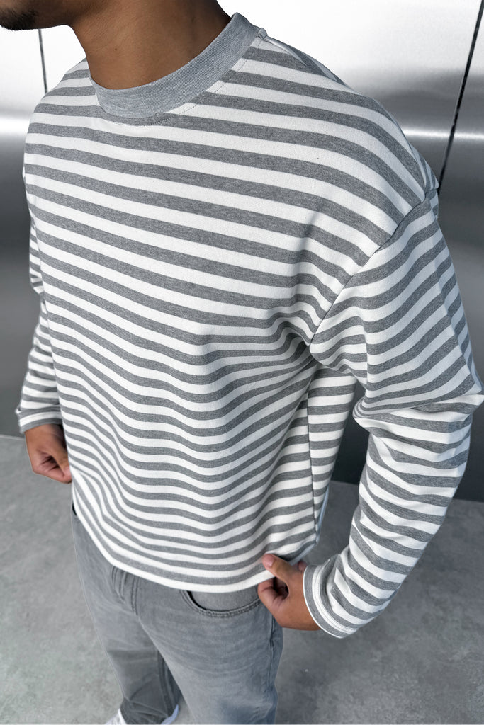 Boxy Striped Long Sleeve T-Shirt - Grey