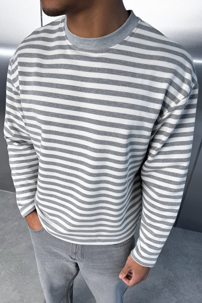 Boxy Striped Long Sleeve T-Shirt - Grey