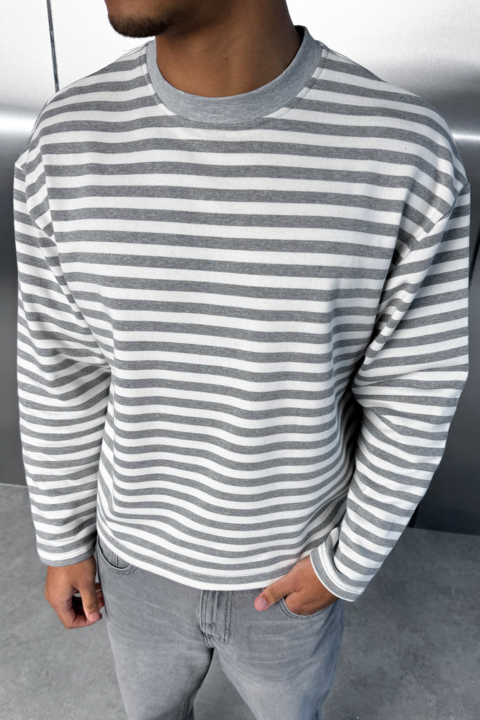 Boxy Striped Long Sleeve T-Shirt - Grey