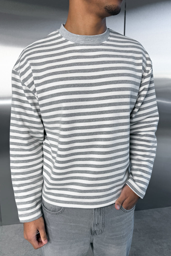 Boxy Striped Long Sleeve T-Shirt - Grey