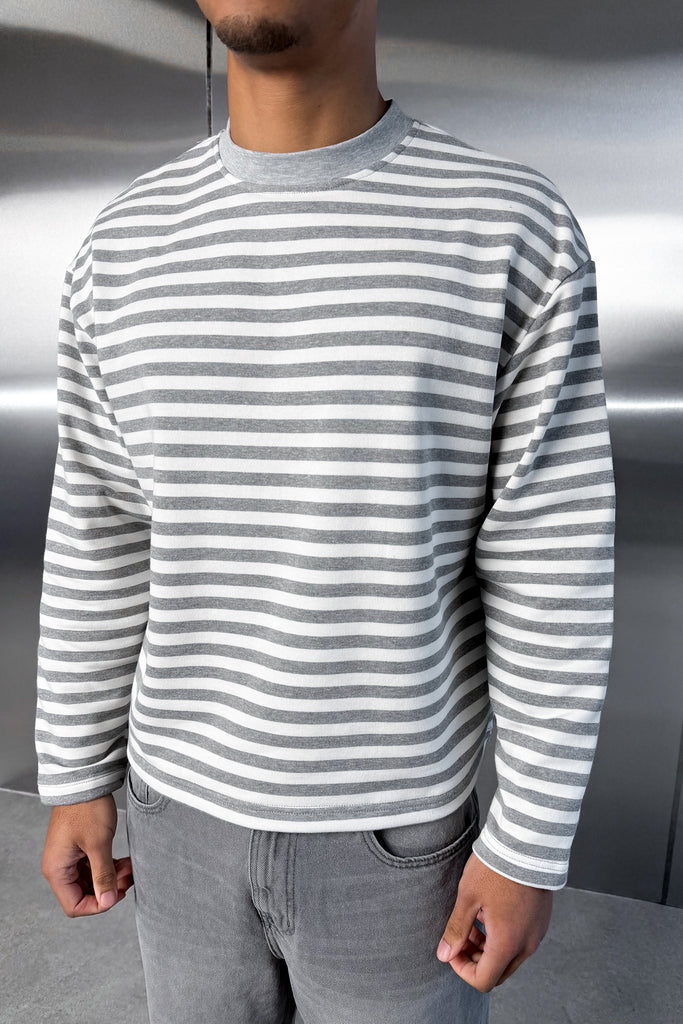 Boxy Striped Long Sleeve T-Shirt - Grey