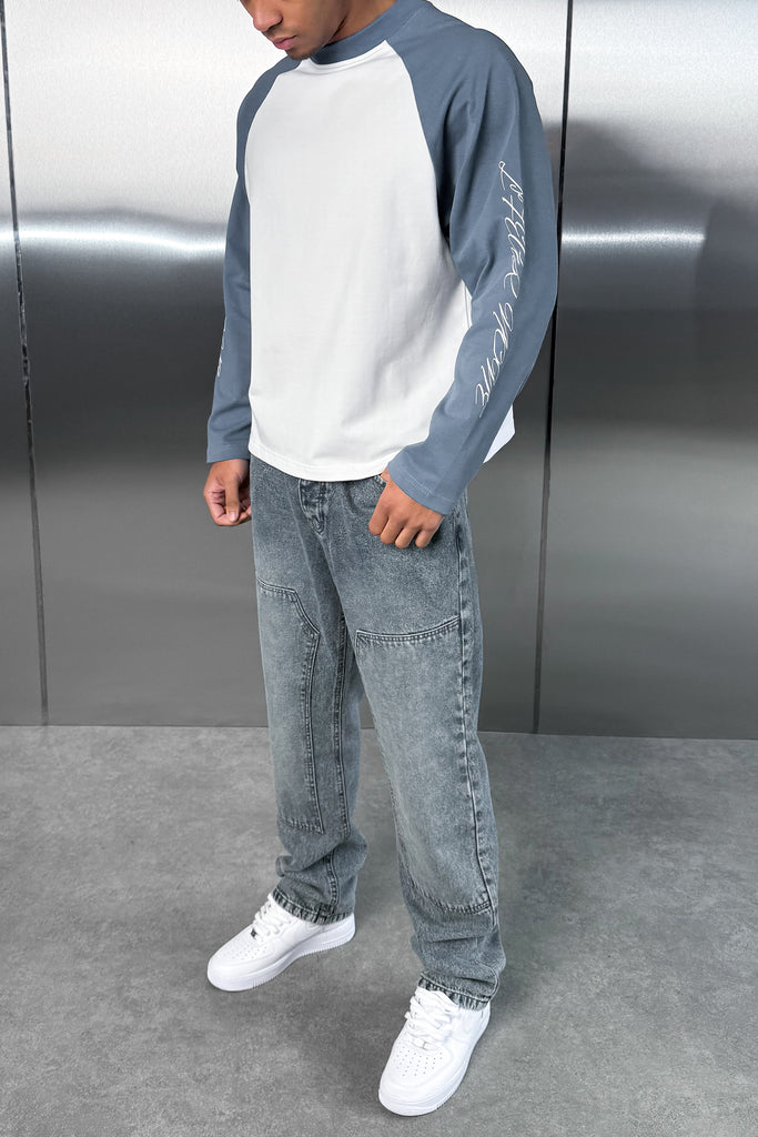 Scripture Raglan Long Sleeve Boxy T-Shirt - Slate Blue/White