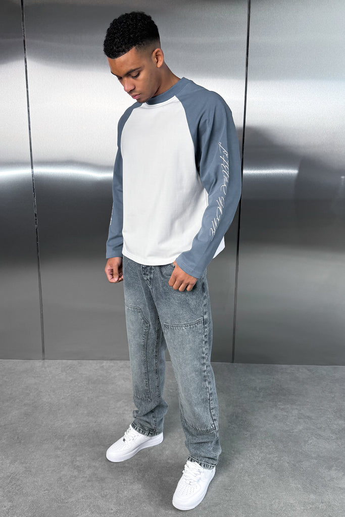 Scripture Raglan Long Sleeve Boxy T-Shirt - Slate Blue/White