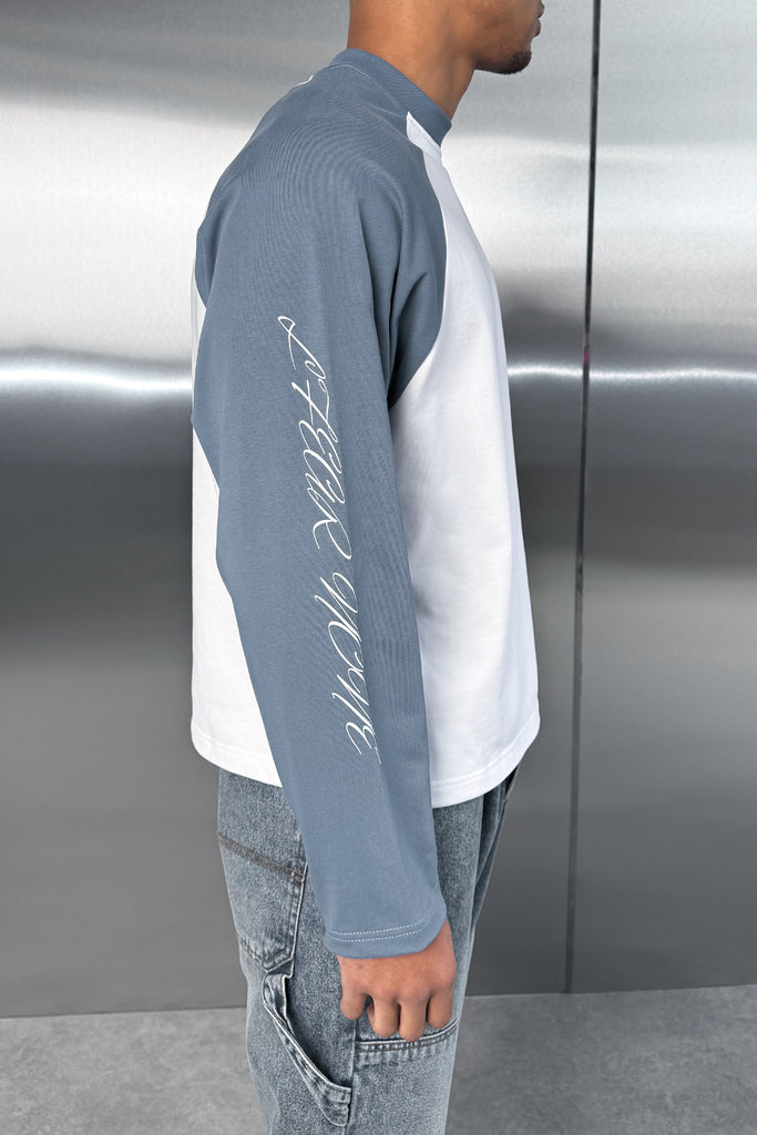 Scripture Raglan Long Sleeve Boxy T-Shirt - Slate Blue/White
