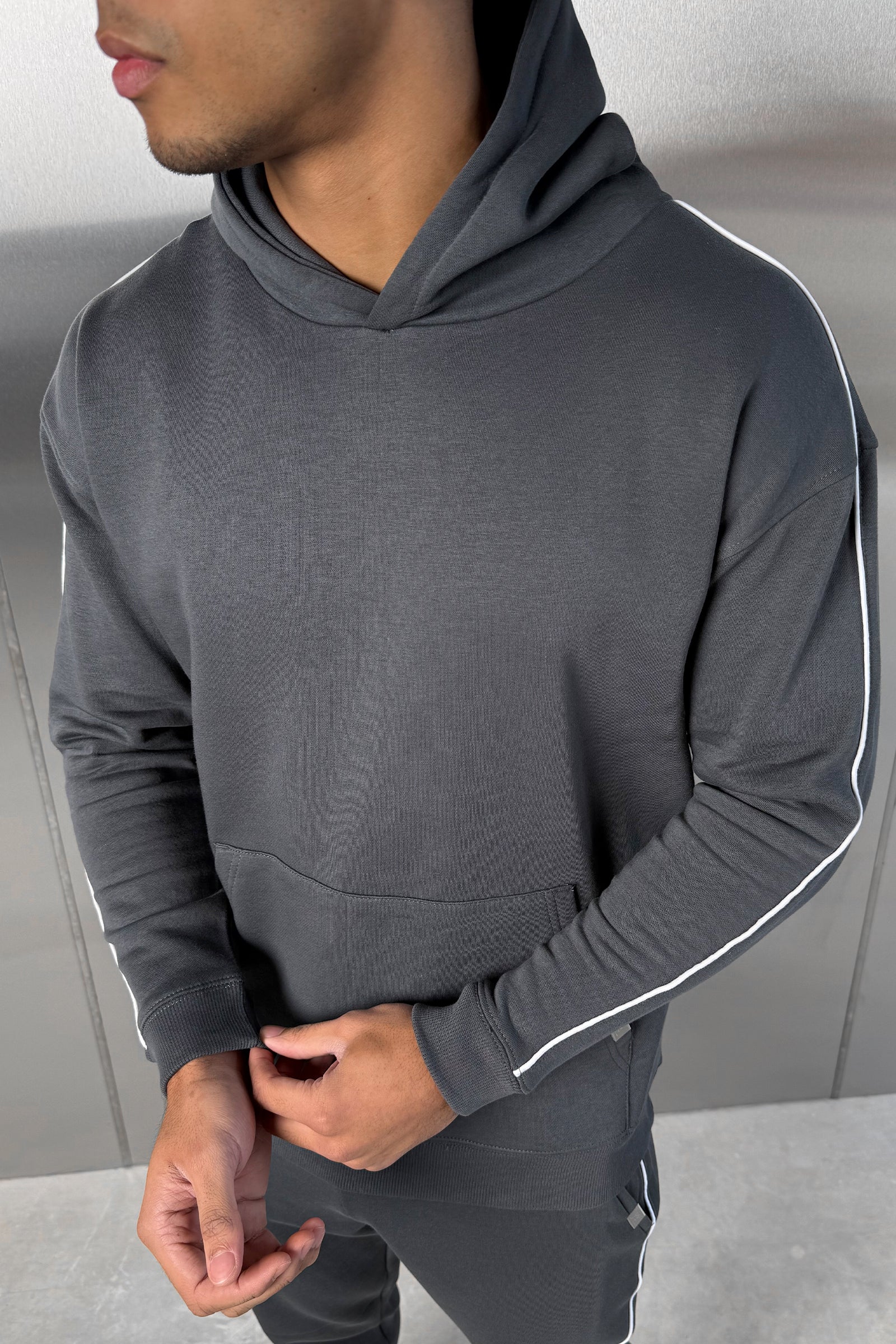 Piping Detail Hoodie - Charcoal
