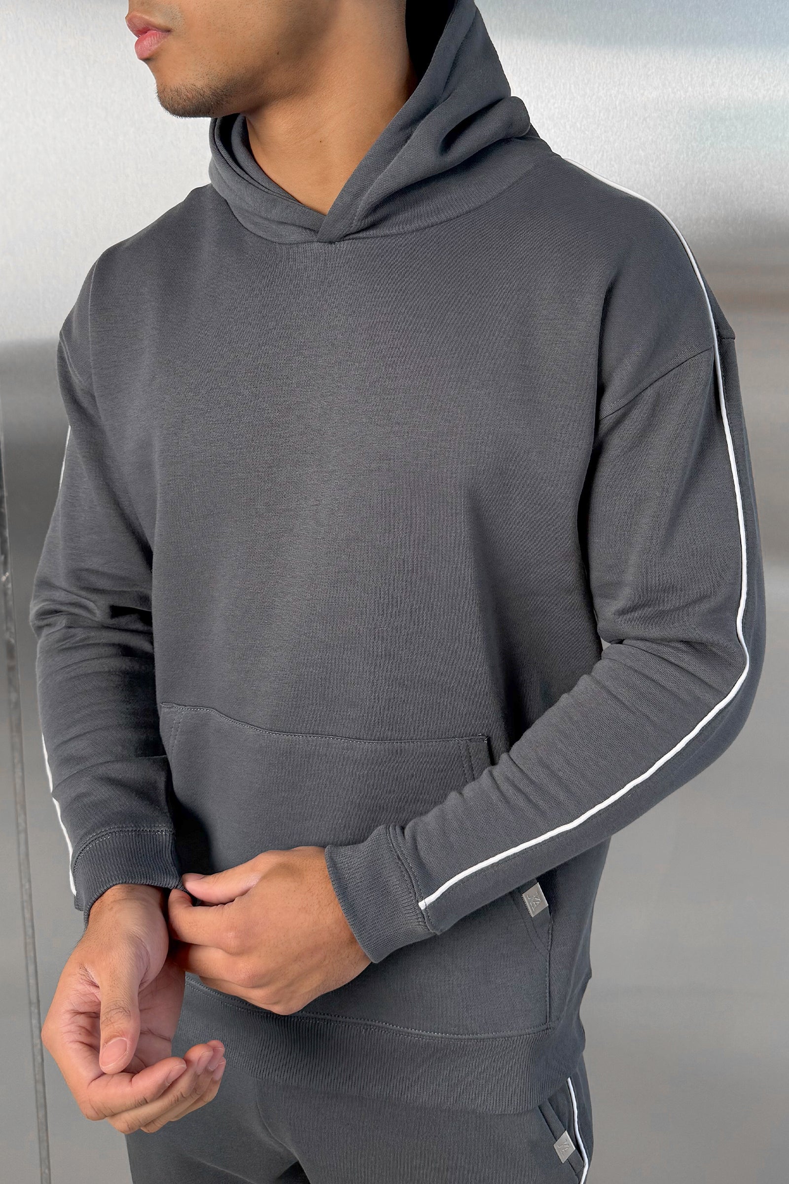 Piping Detail Hoodie - Charcoal