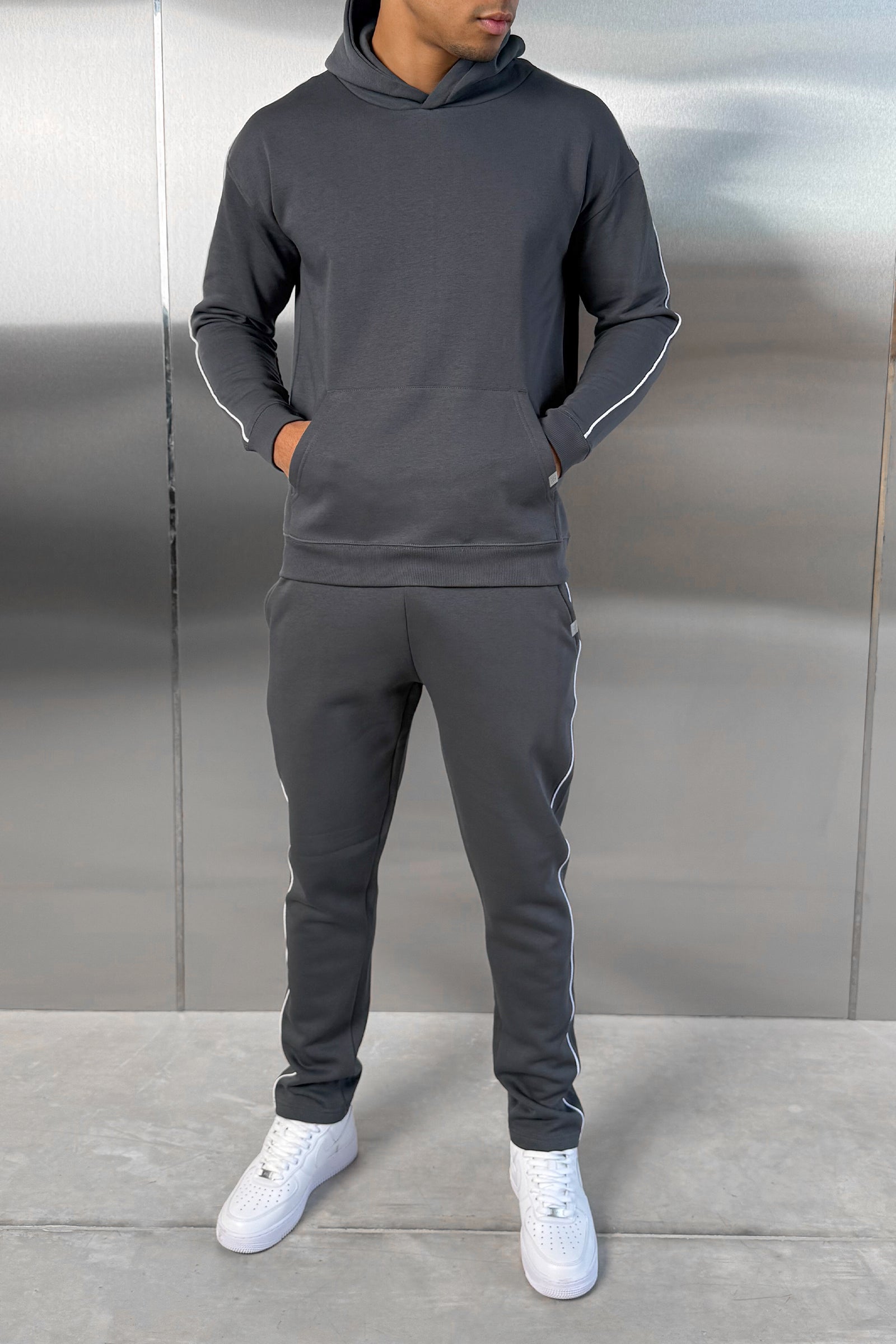 Piping Detail Hoodie - Charcoal
