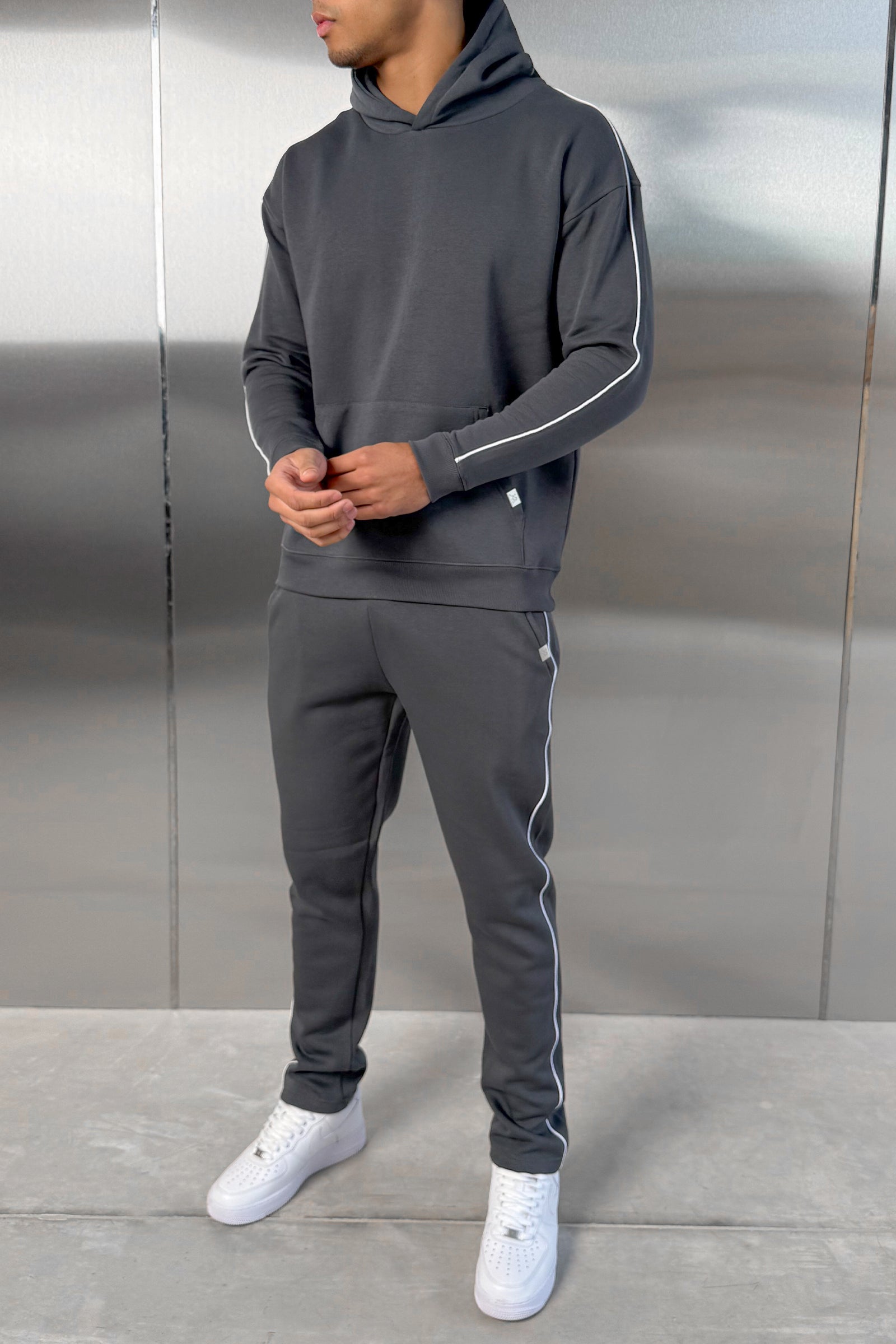 Piping Detail Hoodie - Charcoal