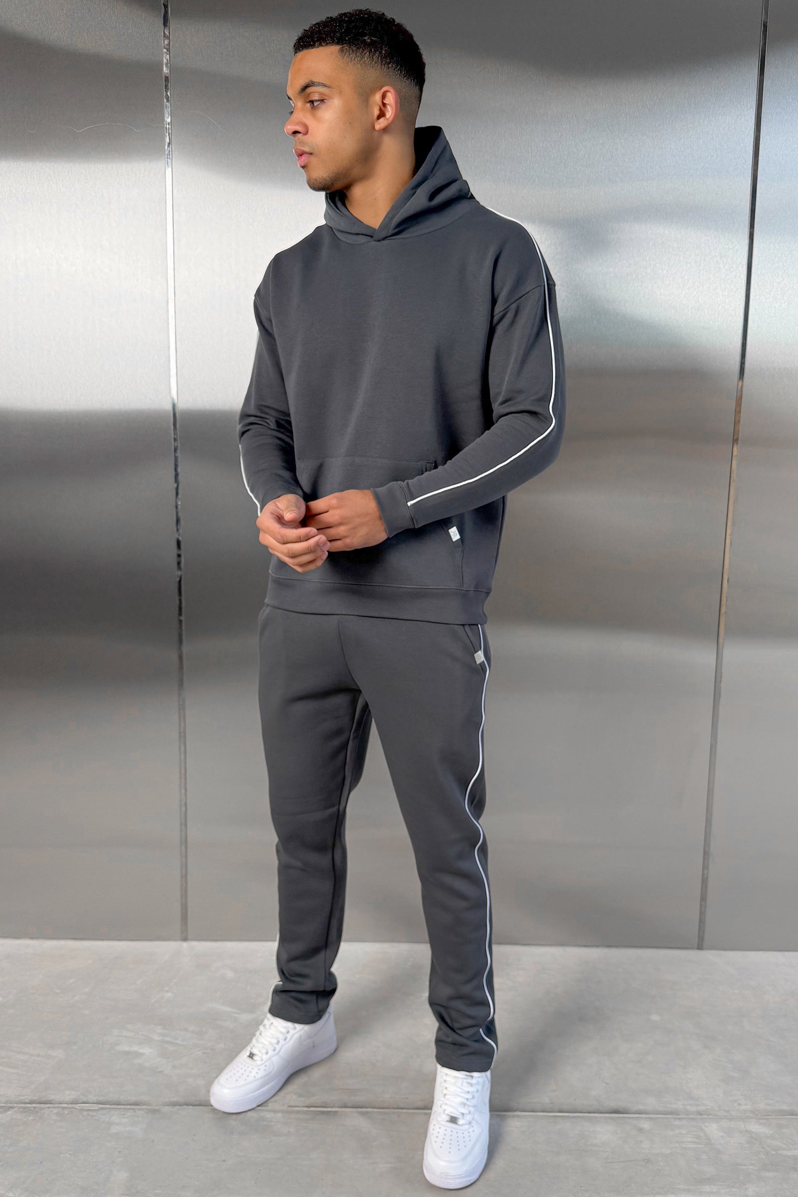 Piping Detail Hoodie - Charcoal