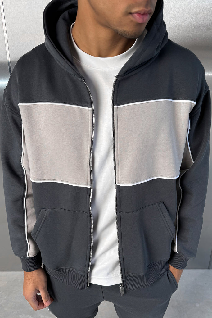 Panelled Relaxed Zip Through Hoodie - Charcoal
