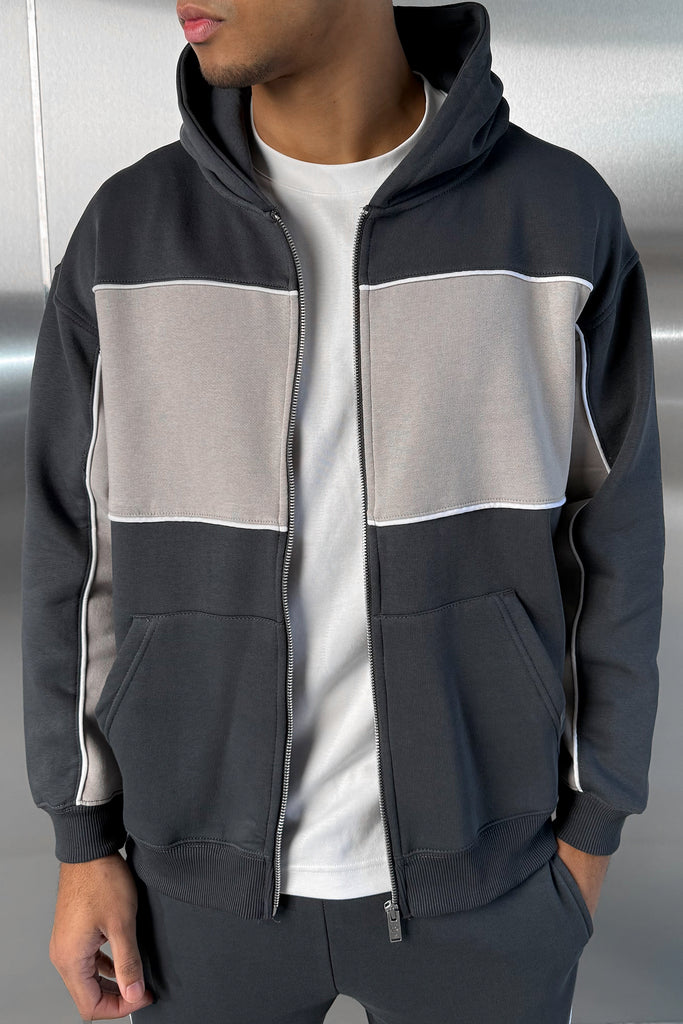 Panelled Relaxed Zip Through Hoodie - Charcoal