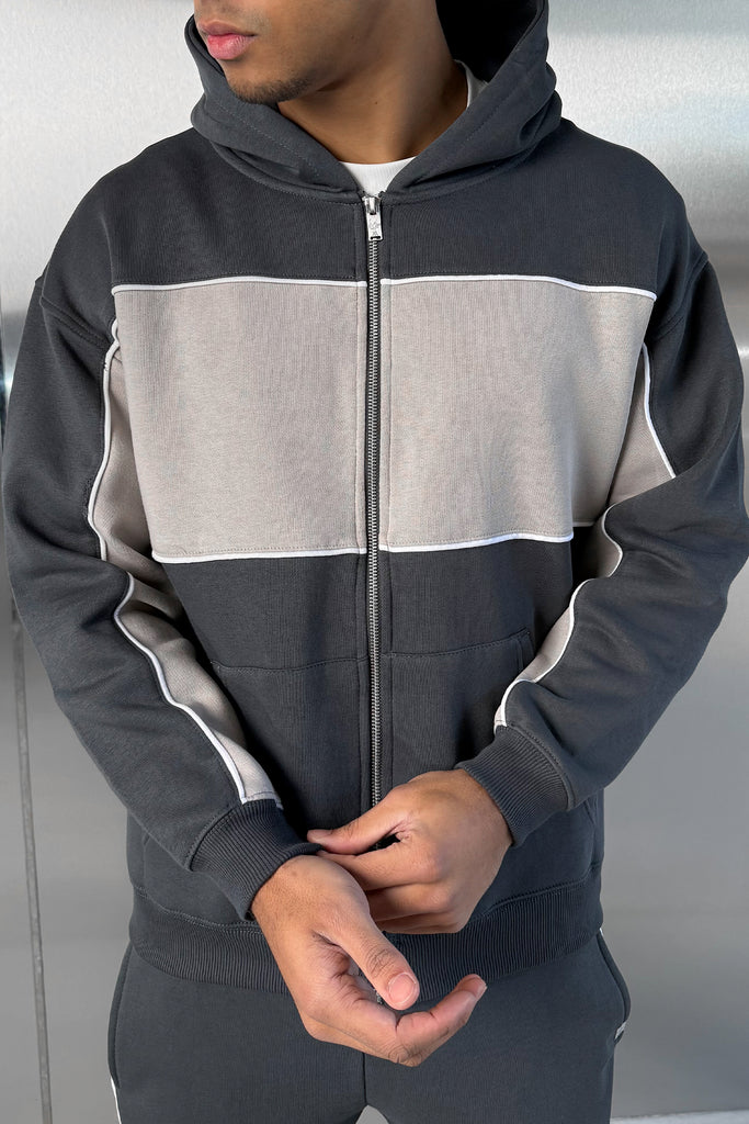 Panelled Relaxed Zip Through Hoodie - Charcoal