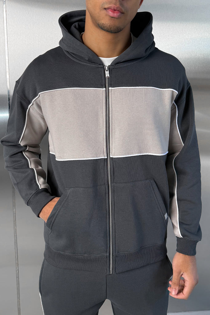 Panelled Relaxed Zip Through Hoodie - Charcoal