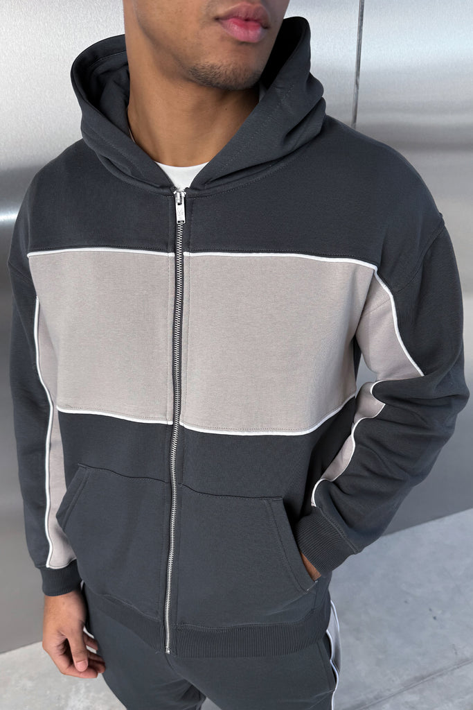Panelled Relaxed Zip Through Hoodie - Charcoal