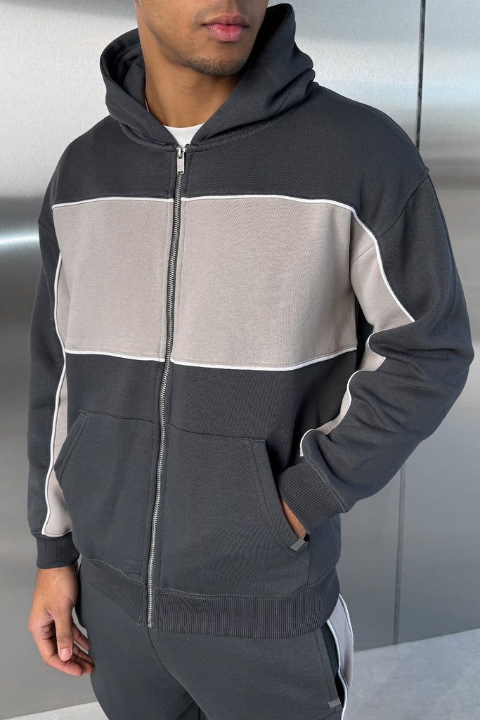 Panelled Relaxed Zip Through Hoodie - Charcoal