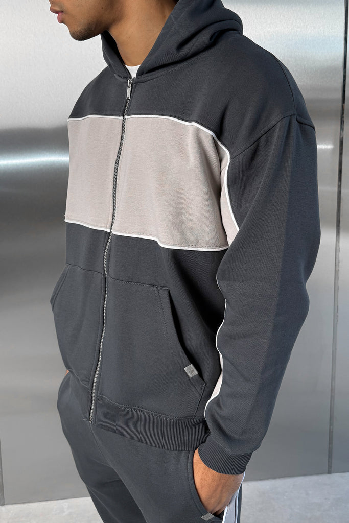 Panelled Relaxed Zip Through Hoodie - Charcoal