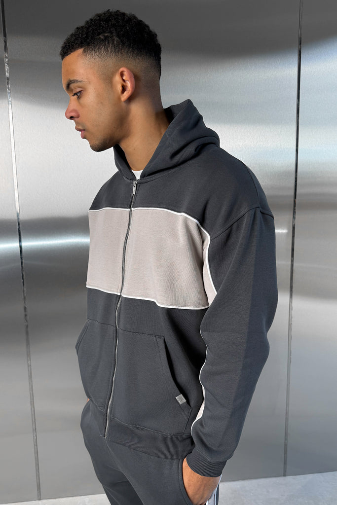 Panelled Relaxed Zip Through Hoodie - Charcoal