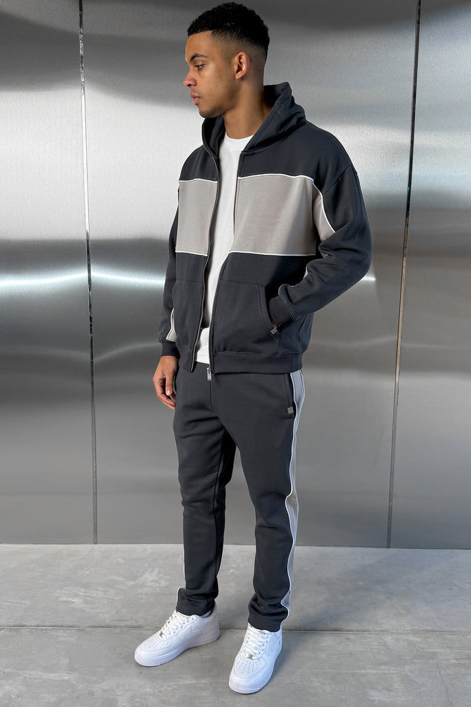 Panelled Relaxed Zip Through Hoodie - Charcoal