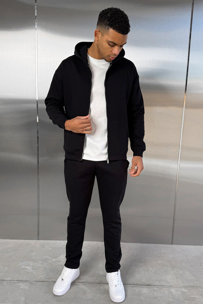 Relaxed Fit Zip Through Hoodie - Black