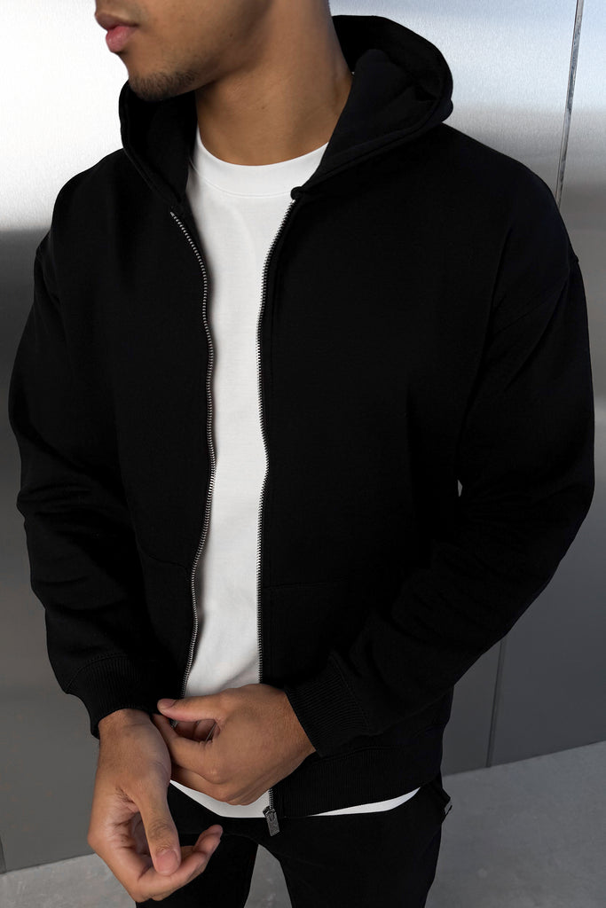 Relaxed Fit Zip Through Hoodie - Black