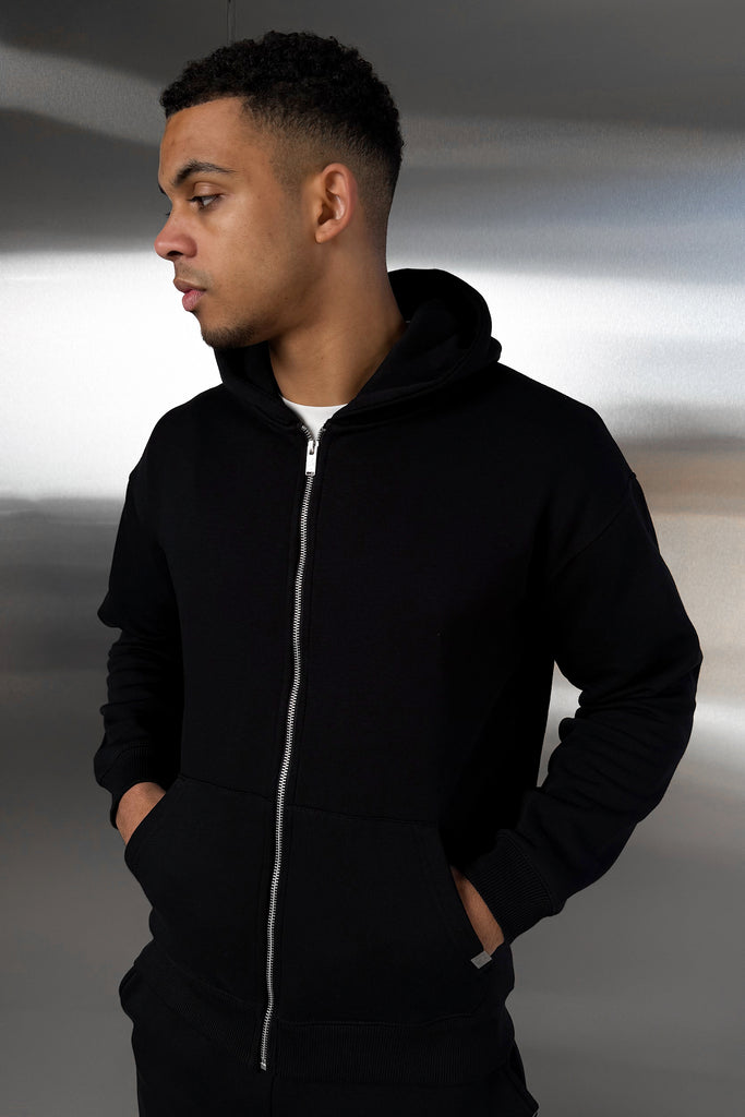 Relaxed Fit Zip Through Hoodie - Black
