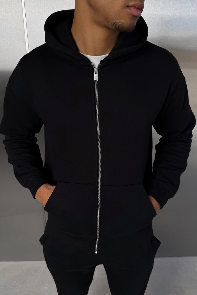 Relaxed Fit Zip Through Hoodie - Black