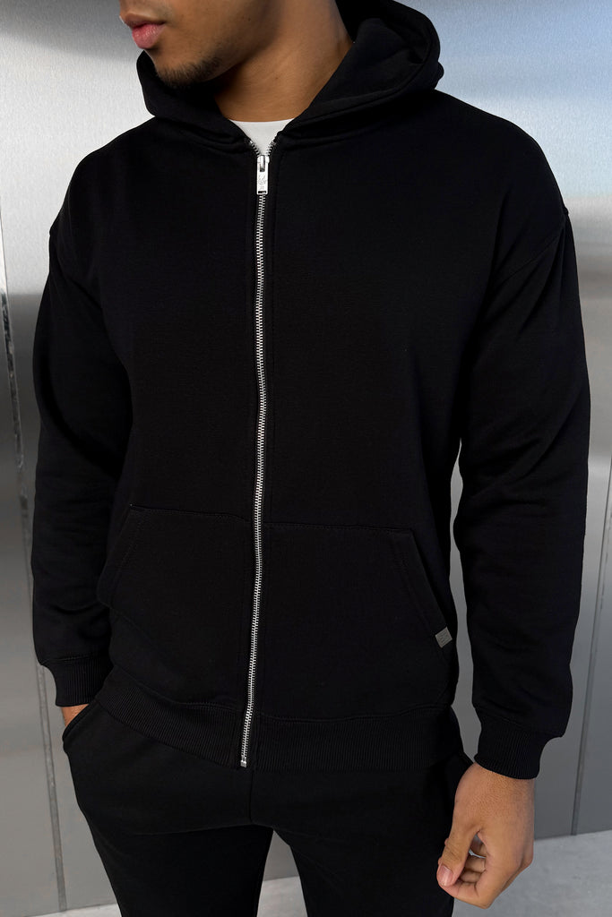 Relaxed Fit Zip Through Hoodie - Black