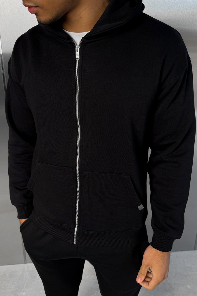 Relaxed Fit Zip Through Hoodie - Black