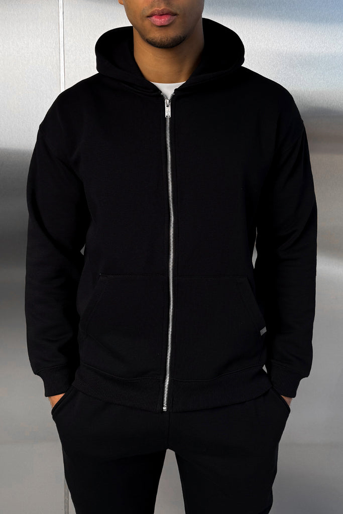 Relaxed Fit Zip Through Hoodie - Black