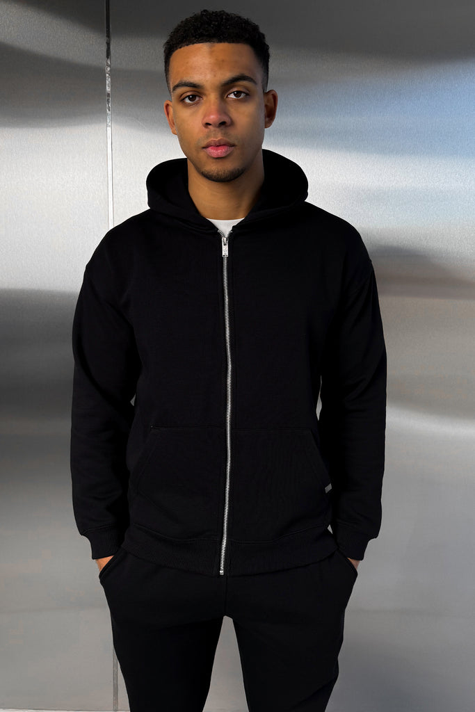 Relaxed Fit Zip Through Hoodie - Black