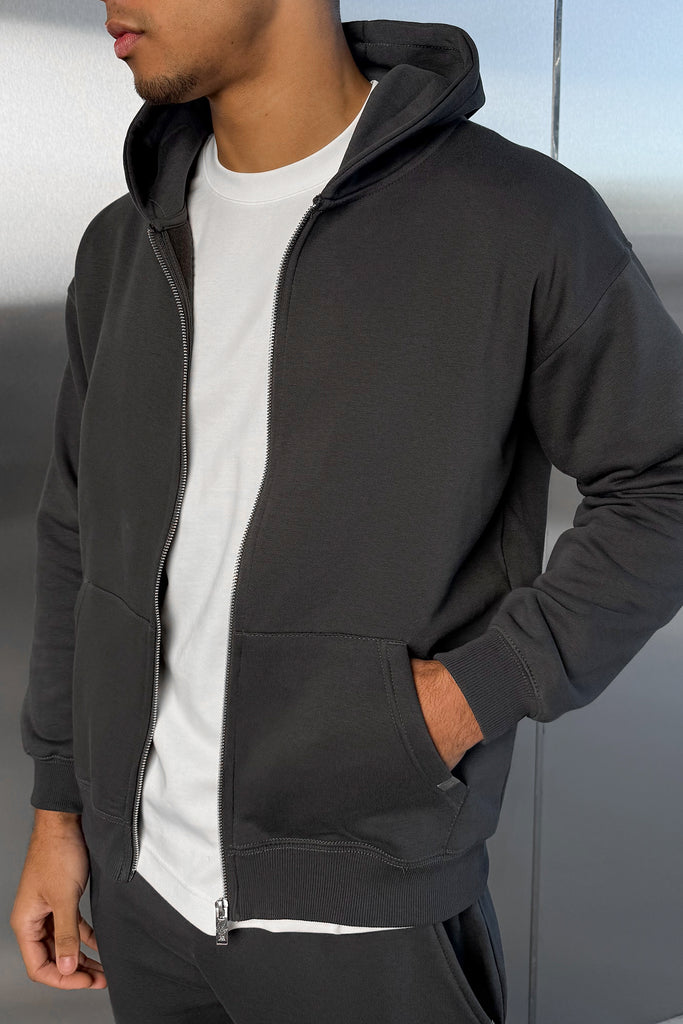 Relaxed Fit Zip Through Hoodie - Charcoal
