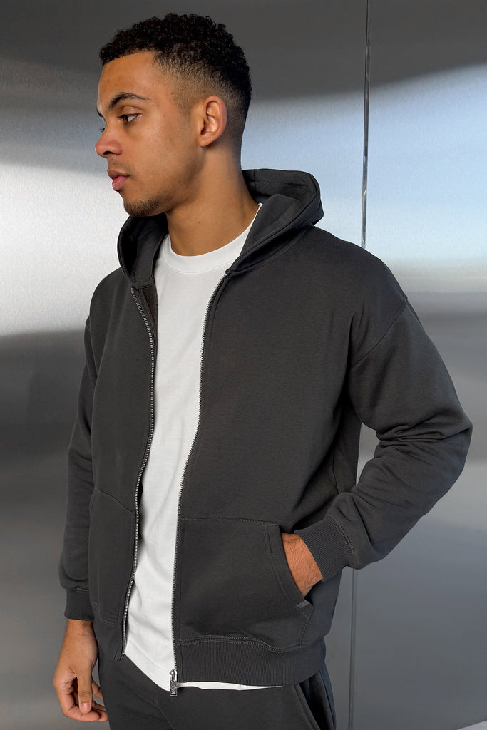 Relaxed Fit Zip Through Hoodie - Charcoal