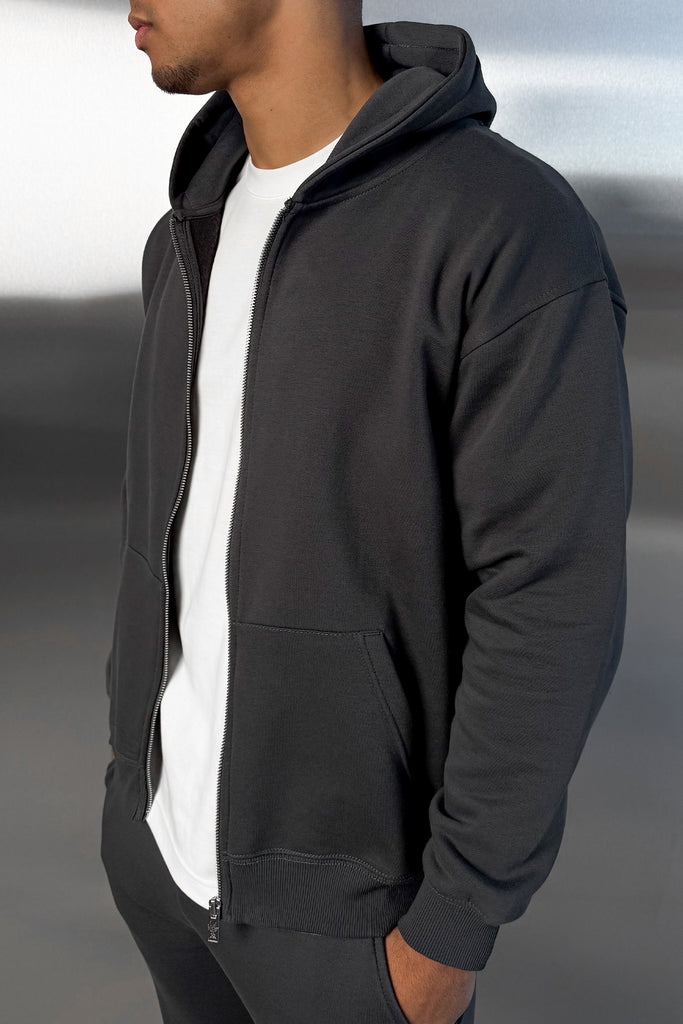 Relaxed Fit Zip Through Hoodie - Charcoal