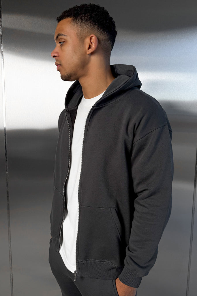 Relaxed Fit Zip Through Hoodie - Charcoal