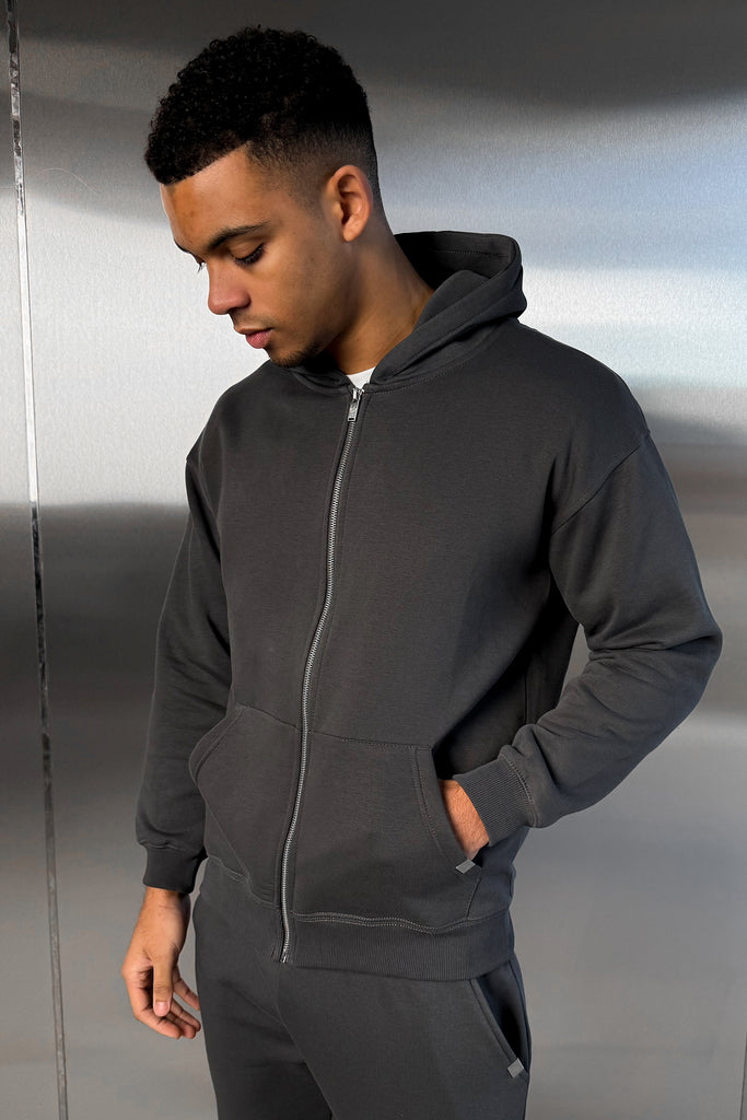 Relaxed Fit Zip Through Hoodie - Charcoal