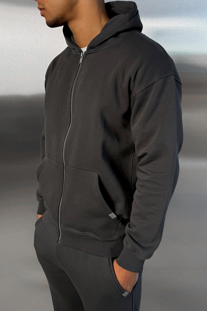 Relaxed Fit Zip Through Hoodie - Charcoal