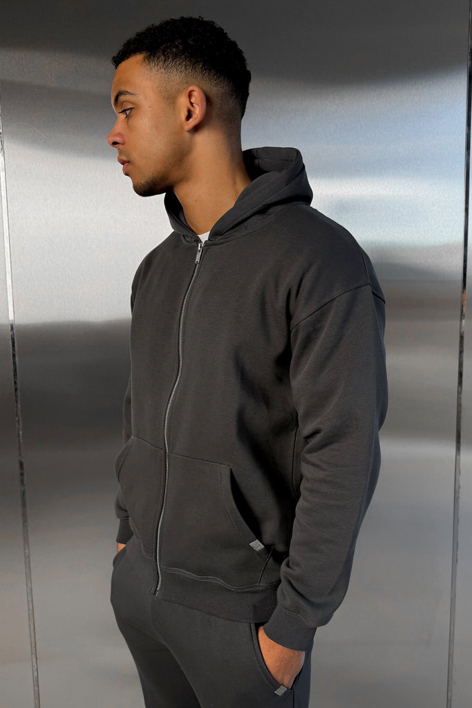 Relaxed Fit Zip Through Hoodie - Charcoal