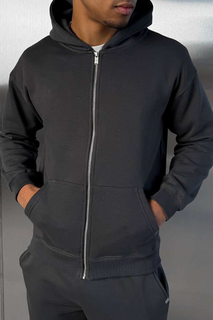 Relaxed Fit Zip Through Hoodie - Charcoal