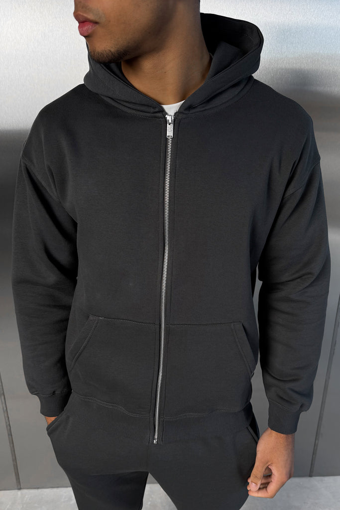 Relaxed Fit Zip Through Hoodie - Charcoal