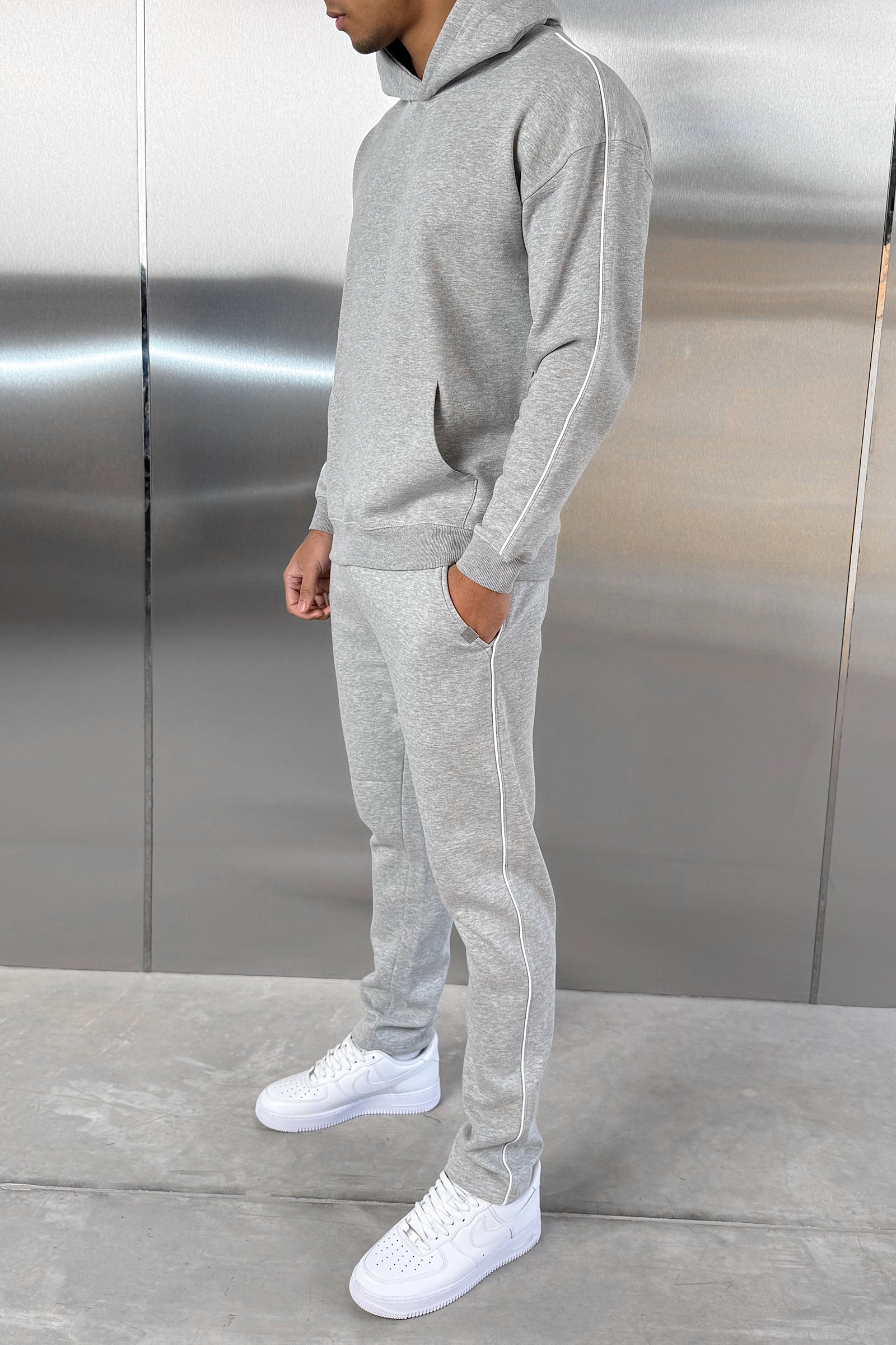 Piping Detail Hoodie - Grey Marl