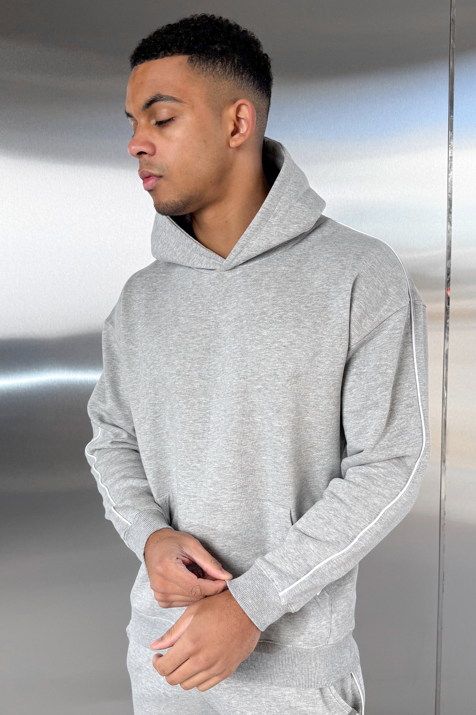 Piping Detail Hoodie - Grey Marl