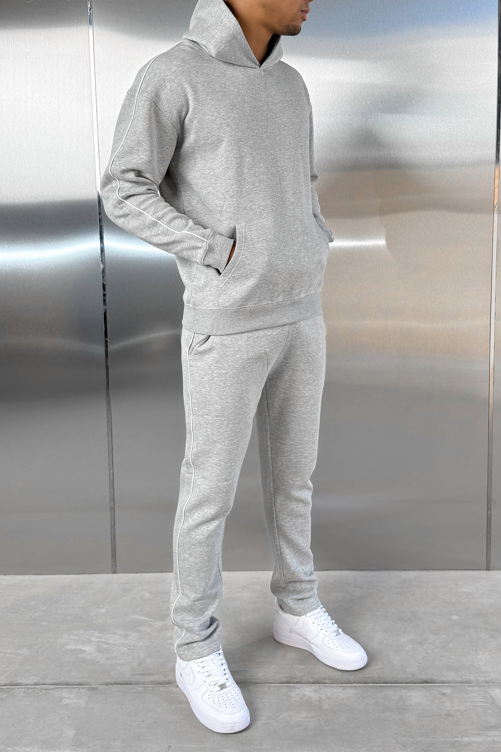 Piping Detail Hoodie - Grey Marl