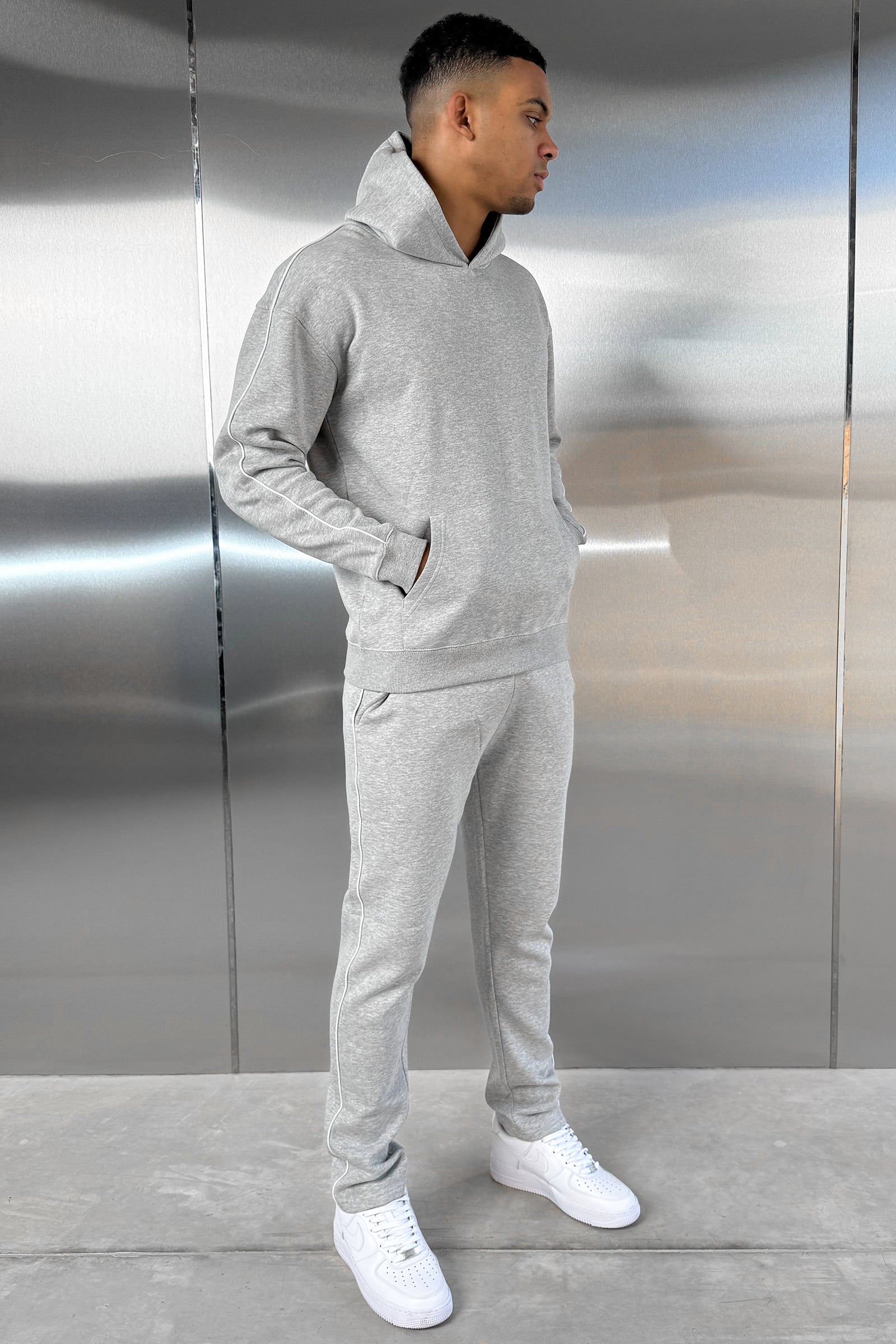 Piping Detail Hoodie - Grey Marl