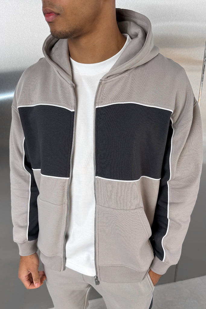 Panelled Relaxed Zip Through Hoodie - Grey