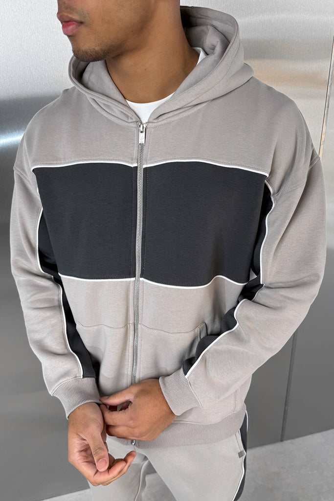 Panelled Relaxed Zip Through Hoodie - Grey
