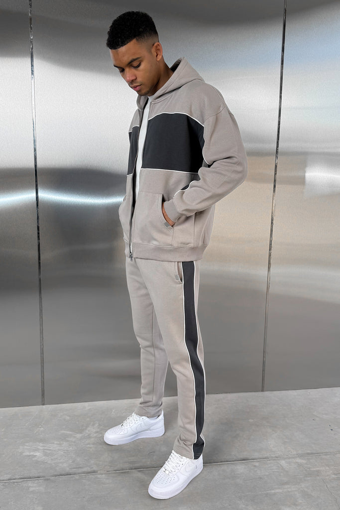 Panelled Relaxed Zip Through Hoodie - Grey