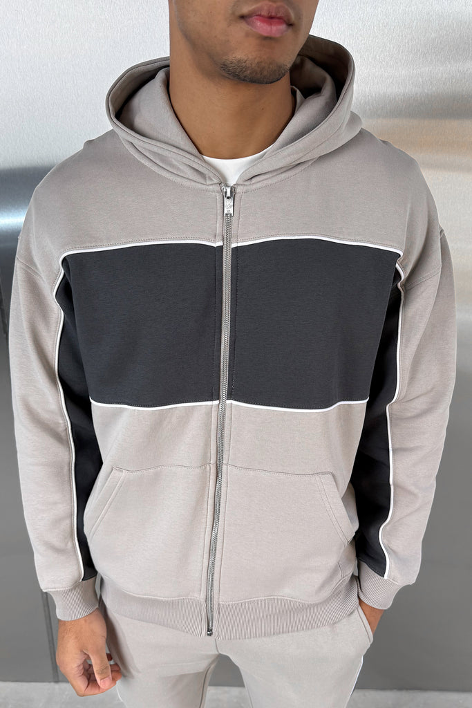 Panelled Relaxed Zip Through Hoodie - Grey