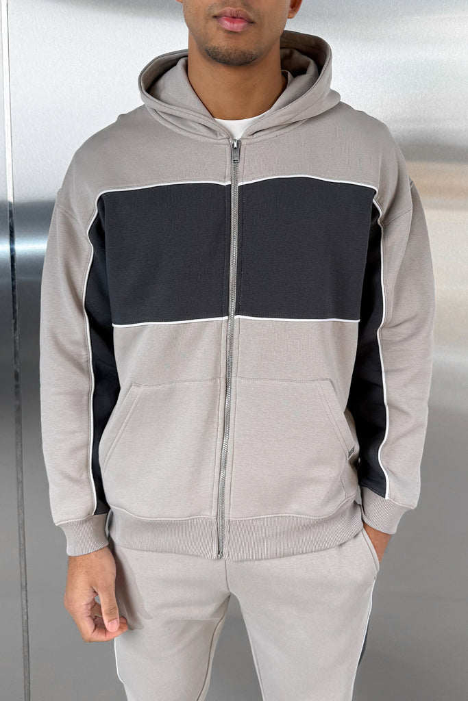 Panelled Relaxed Zip Through Hoodie - Grey