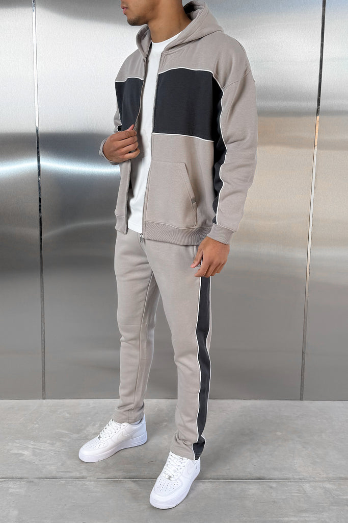 Panelled Relaxed Zip Through Hoodie - Grey